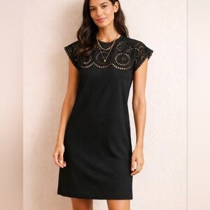 Boden Black Eyelet Lace Shift Dress US 6 UK 10 Scalloped Yoke Mini